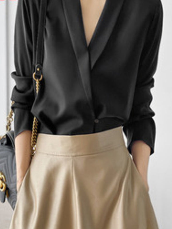 Solid Color Long Sleeves Loose V-Neck Blouses&Shirts Tops
