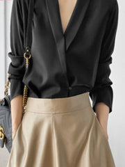 Solid Color Long Sleeves Loose V-Neck Blouses&Shirts Tops