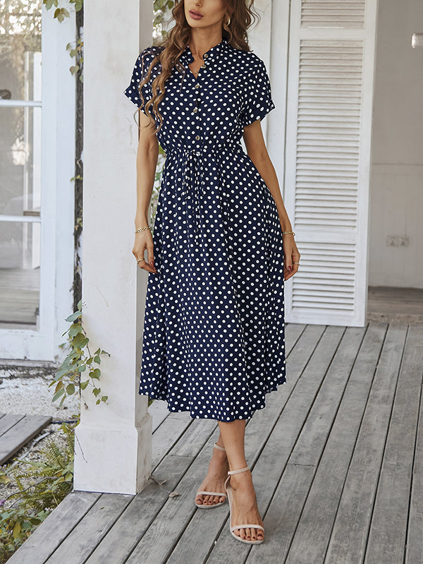 Buttoned Drawstring Polka-Dot A-Line High Waisted V-Neck Shirt Dress Midi Dresses