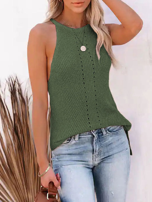 Hollow Solid Color Loose Sleeveless Spaghetti-Neck Vest Top