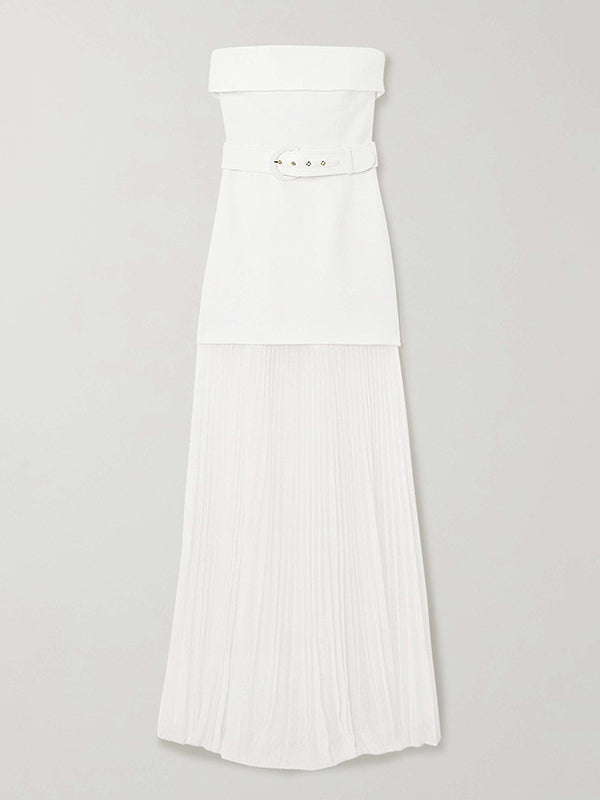 Bandeau Sleeveless Belted Pleated Solid Color Split-Joint Zipper Tube Evening Dresses Maxi Dresses