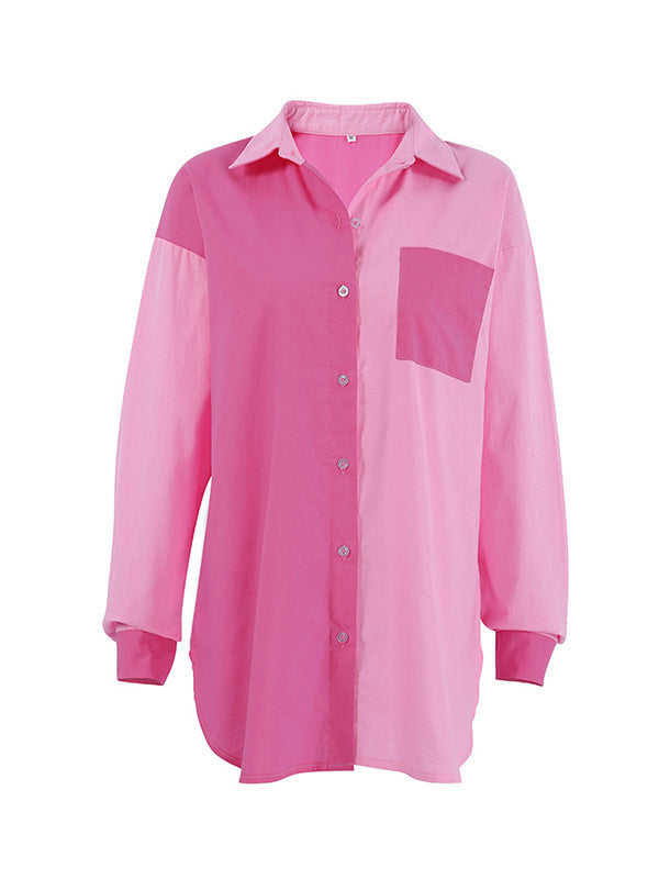 Buttoned Contrast Color Pockets Split-side High-low Long Sleeves Lapel Blouses&shirts Tops