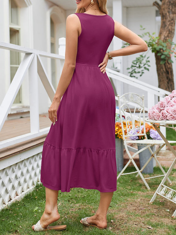 Pleated Pockets Solid Color Split-Joint A-Line Loose Round-Neck Midi Dresses