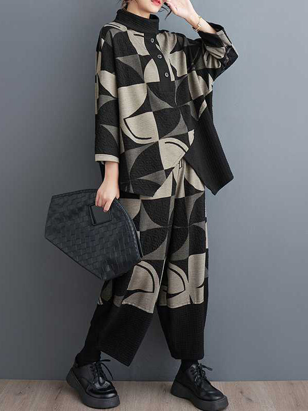Asymmetric Buttoned Long Sleeves Printed Stand Collar Sweatshirt Top + Harem Pants Pants Bottom Two Pieces Set