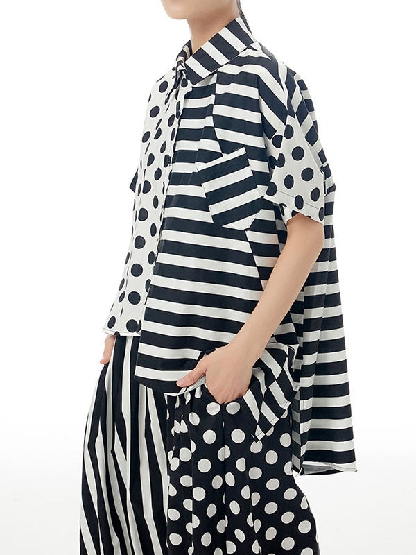 Polka-Dot Split-Joint Striped Irregular clipping Loose Lapel Shirts Tops