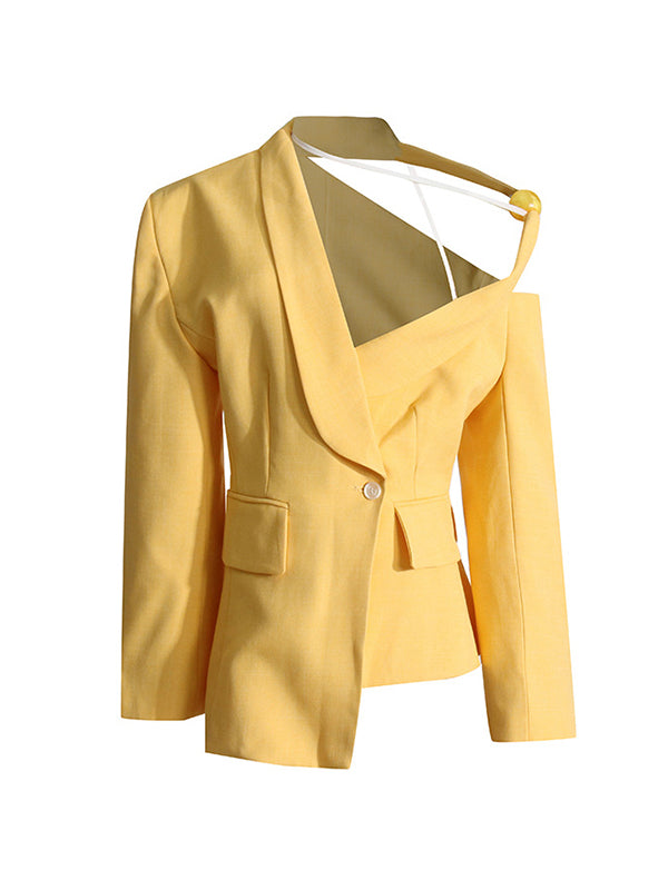 Asymmetric Buttoned Hollow Solid Color Tied Long Sleeves Loose Asymmetric Collar Blazer