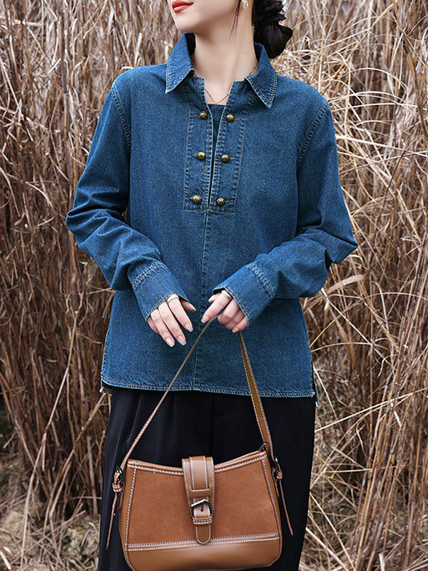 Buttoned Split-Joint Long Sleeves Loose Lapel Blouses&Shirts Tops