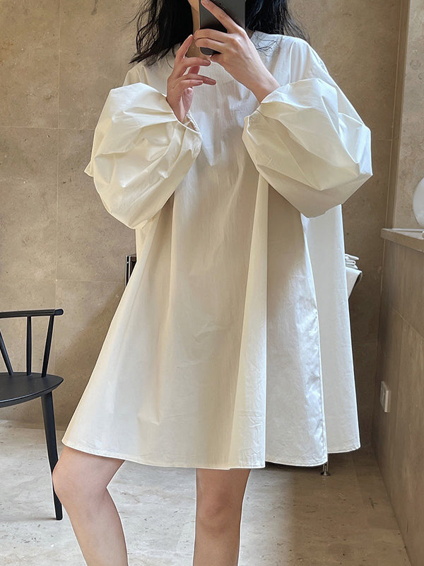 Urban Puff Sleeves Solid Color Round-Neck Mini Dress