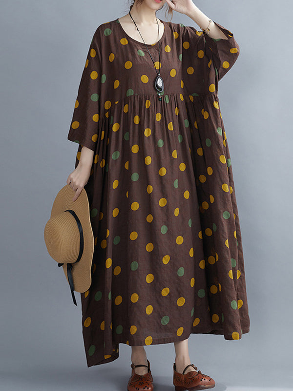 Artistic Retro Vintage Polka-Dot Loose Pleated Midi Dress