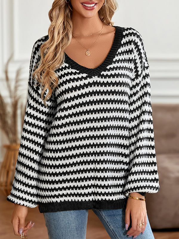 Striped Long Sleeves Loose V-Neck Sweater Tops Pullovers