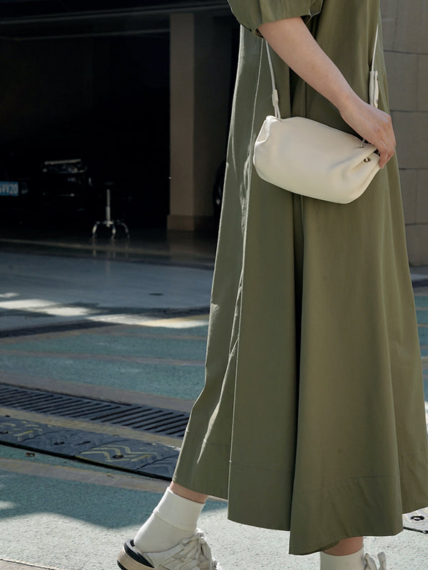 Solid Color Loose Puff Sleeves Round-Neck Midi Dresses