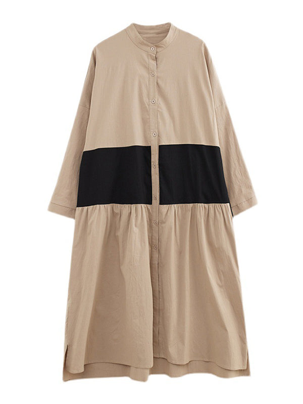 Original Creation Long Sleeves Loose Buttoned Contrast Color Stand Collar Midi Dresses