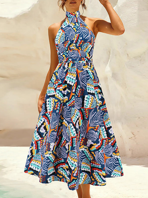 Pleated Printed Split-Joint A-Line Loose Halter-Neck Midi Dresses