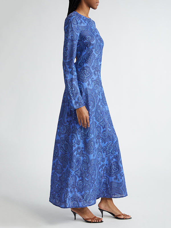 Backless Printed Split-Joint Tied Long Sleeves Loose Round-Neck Maxi Dresses