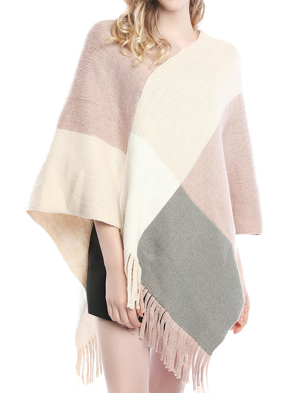 Asymmetric Color-Block Tasseled Loose V-Neck Shawl&Cloak Cape