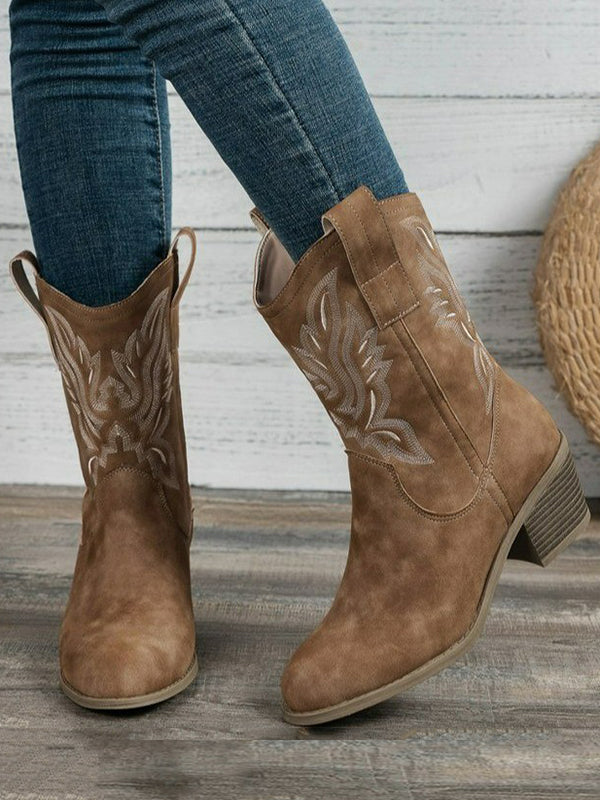 Embroidered Round-Toe Split-Joint Pumps Boots