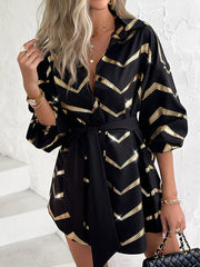 Buttoned Elasticity Striped Tied Waist Long Sleeves Loose Lapel Shirt Dress Mini Dresses