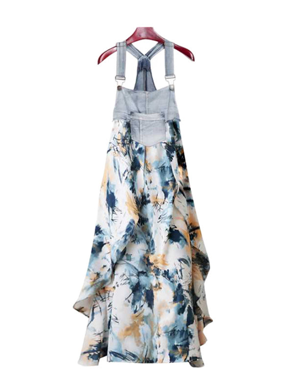 Flower Print Pockets Split-Joint Loose Plus Size Spaghetti-Neck Suspender Dress Maxi Dresses