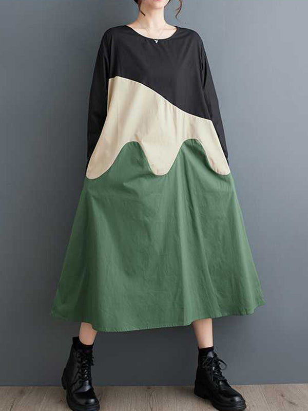 Contrast Color A-Line Long Sleeves Round-Neck Midi Dresses