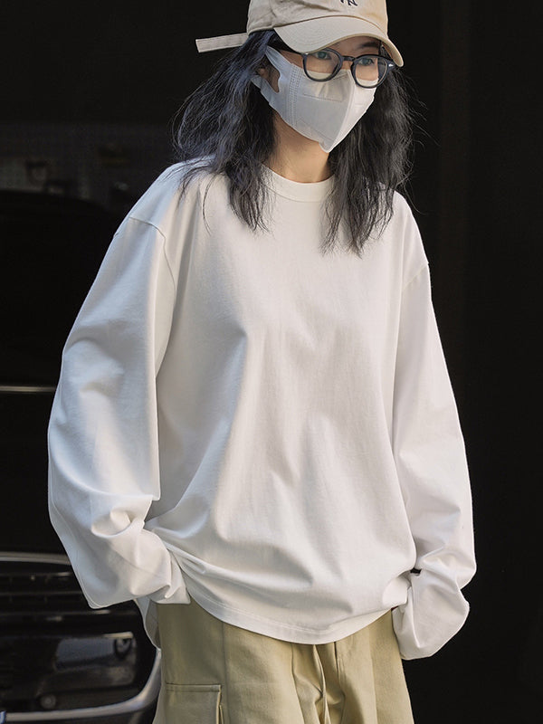 Casual Long Sleeves Loose Solid Color Round-Neck T-Shirts Tops
