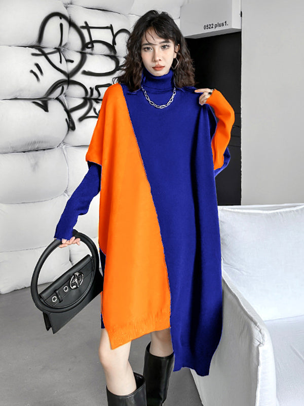 Asymmetric Contrast Color Split-Joint Batwing Sleeves Hipster High-neck Sweater Dresses Midi Dresses
