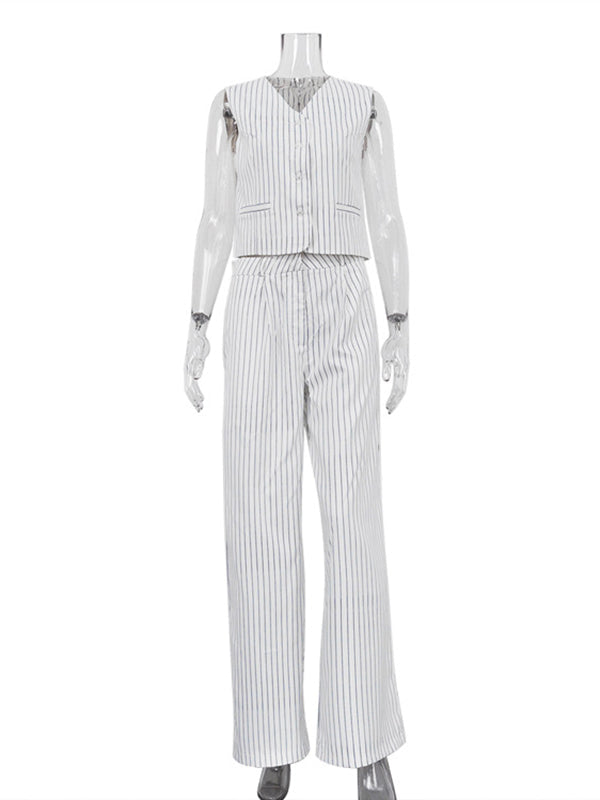 Striped Loose Sleeveless Buttoned V-Neck Vest Top + Pockets Pants Bottom Two Pieces Set