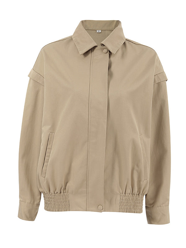 Buttoned Elasticity Solid Color Zipper Long Sleeves Loose Lapel Outerwear Jackets