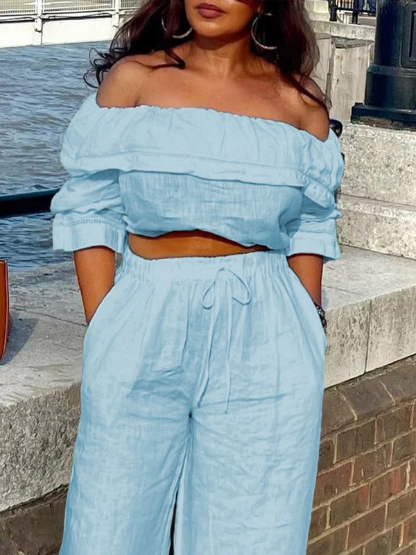 Elasticity Solid Color Split-Joint Half Sleeves Loose Off-The-Shoulder Blouses&Shirts Tops