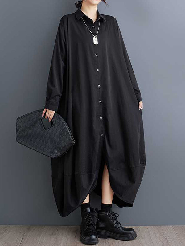 Buttoned Pockets Solid Color Split-Joint A-Line Long Sleeves Lapel Shirt Dress Midi Dresses