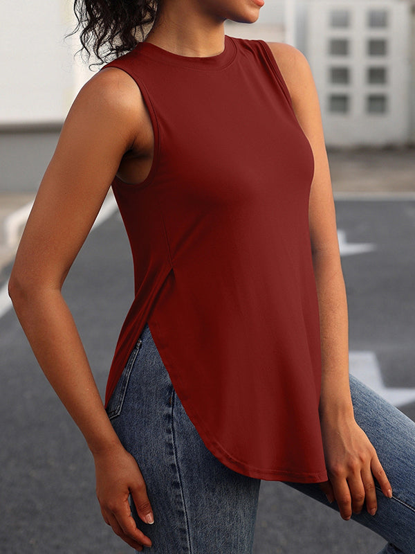 Solid Color Split-Side Loose Sleeveless Round-Neck Vest Top Cover-Ups Tops