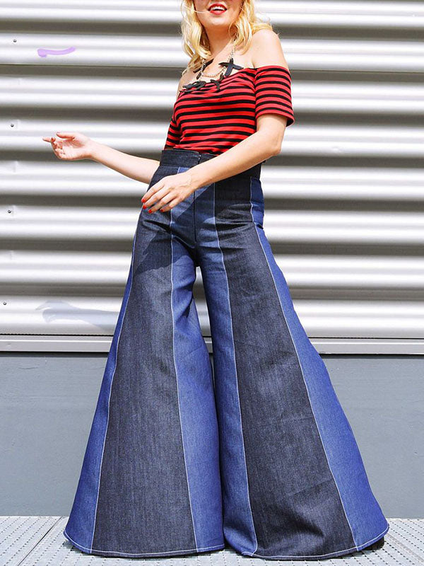 Contrast Color Zipper High Waisted Loose Jean Pants Bottoms Flared Trousers