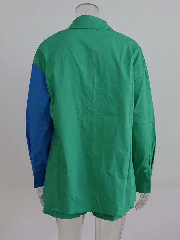 Original Loose Contrast Color Blouse&Elasticity Shorts 2 Pieces Set