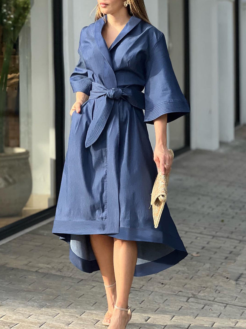 High-Low Loose Solid Color V-Neck Maxi Dresses Midi Dresses