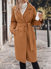 Buttoned Solid Color Split-Joint Tied Waist Long Sleeves Loose Notched Collar Woolen Coat
