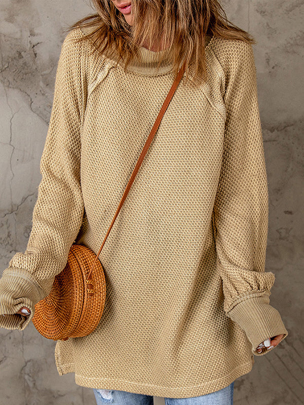 Solid Color Split-Joint Split-Side Long Sleeves Loose Round-Neck Sweater Tops Pullovers