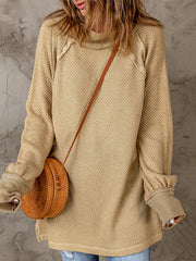 Solid Color Split-Joint Split-Side Long Sleeves Loose Round-Neck Sweater Tops Pullovers