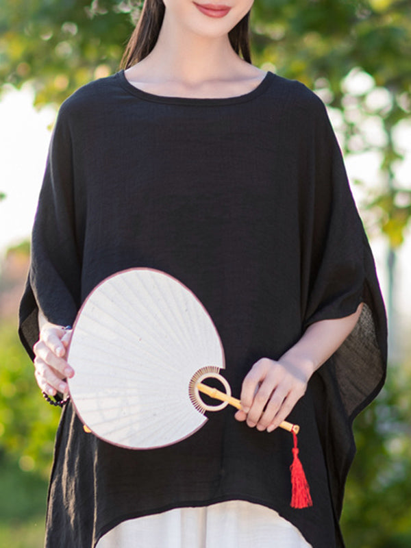 See-Through Solid Color Half Sleeves High-Low Round-Neck Blouses