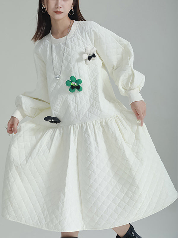 Pleated Quilted Split-Joint Long Sleeves Loose Round-Neck Midi Dresses