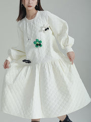 Pleated Quilted Split-Joint Long Sleeves Loose Round-Neck Midi Dresses