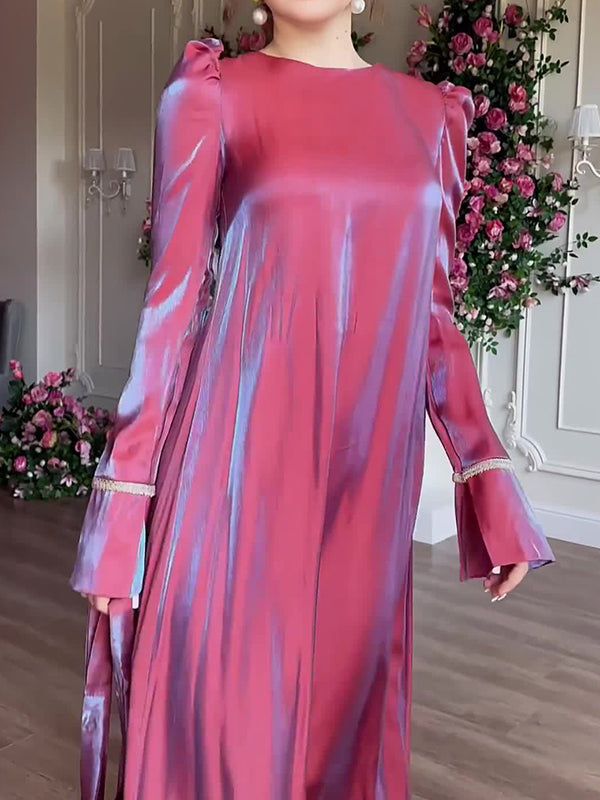 Pleated Solid Color Tied Waist Zipper A-Line Long Sleeves Round-Neck Maxi Dresses