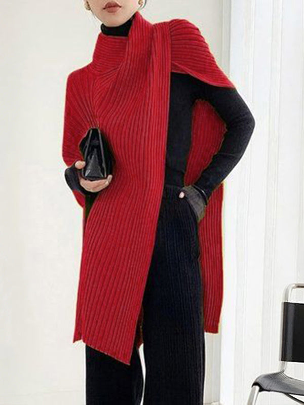 Asymmetric Solid Color Split-Joint Loose High Neck Sweater Tops