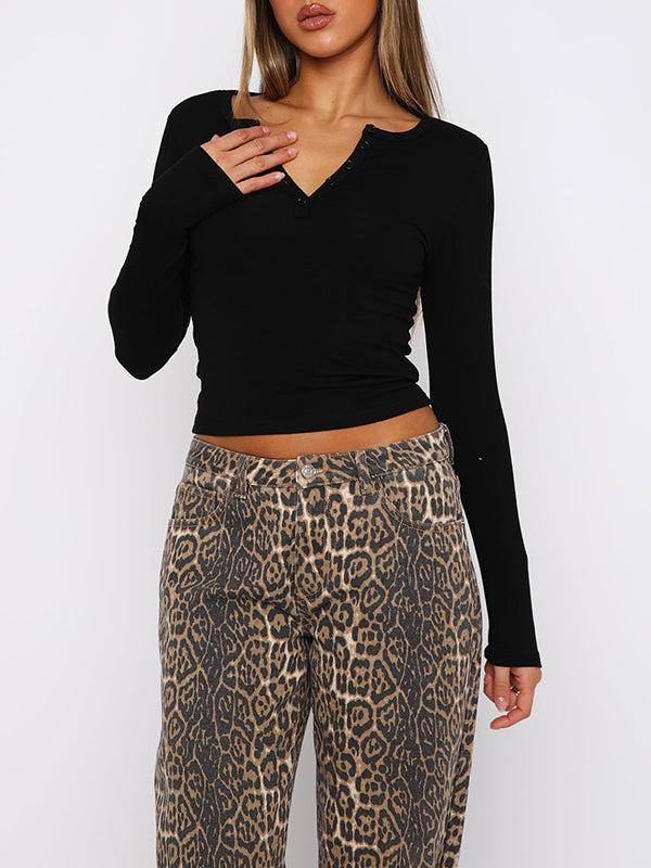 Solid Color Split-Joint Long Sleeves Skinny V-Neck T-Shirts
