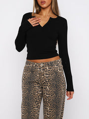 Solid Color Split-Joint Long Sleeves Skinny V-Neck T-Shirts