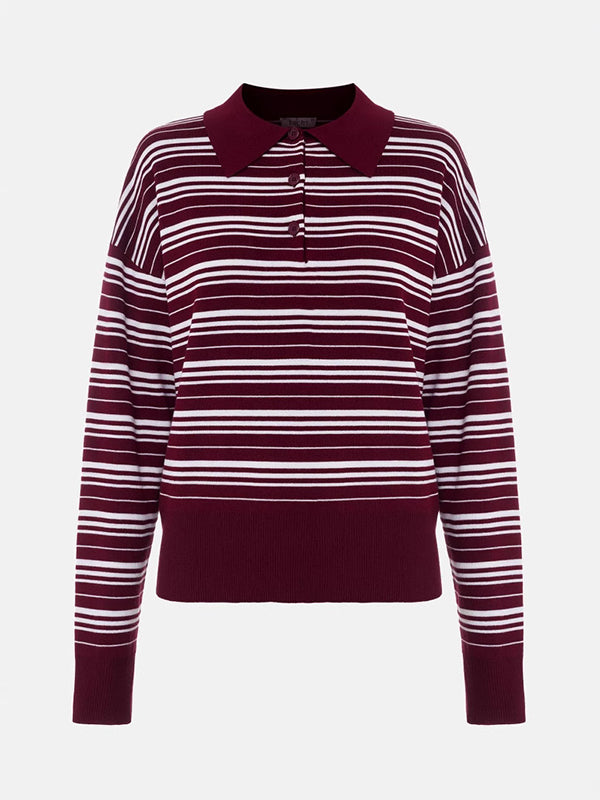 Split-Joint Striped Long Sleeves Lapel Sweater Tops