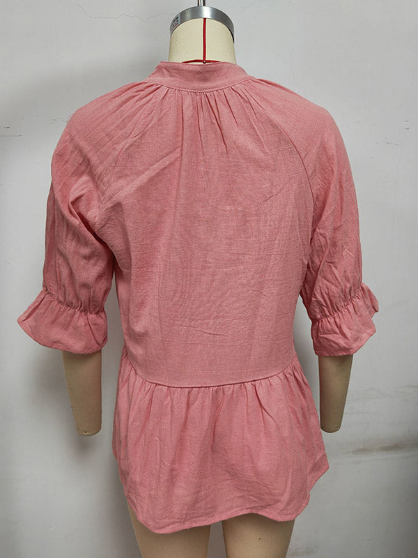 Elasticity Pleated Solid Color Split-Joint Loose Three-Quarter Sleeves V-Neck T-Shirts Tops