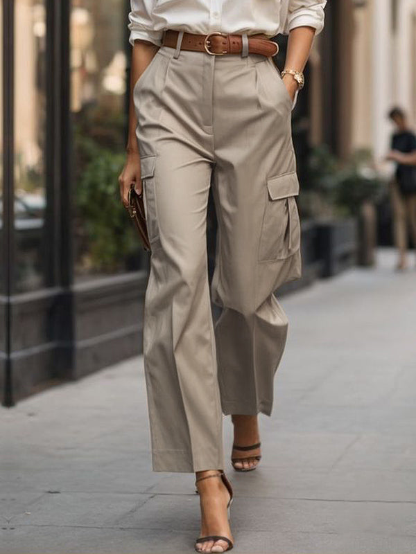 Pleated Pockets Solid Color High Waisted Trousers Pants
