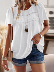 Hollow Jacquard Pleated Solid Color Split-Joint Loose Short Sleeves Round-Neck T-Shirts Tops