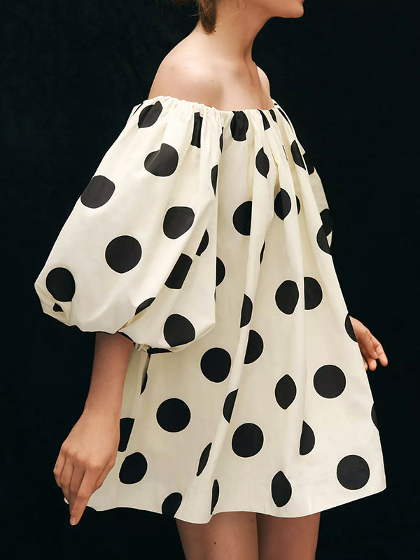 Polka-Dot Half Sleeves Loose Off-The-Shoulder Mini Dresses