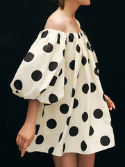 Polka-Dot Half Sleeves Loose Off-The-Shoulder Mini Dresses