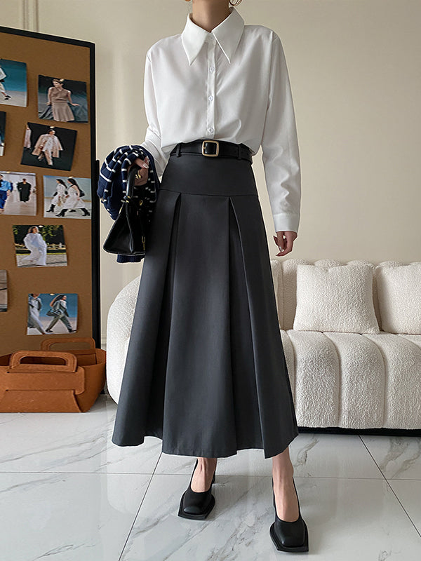 Pleated Solid Color Split-Joint A-Line High Waisted Skirts Bottoms